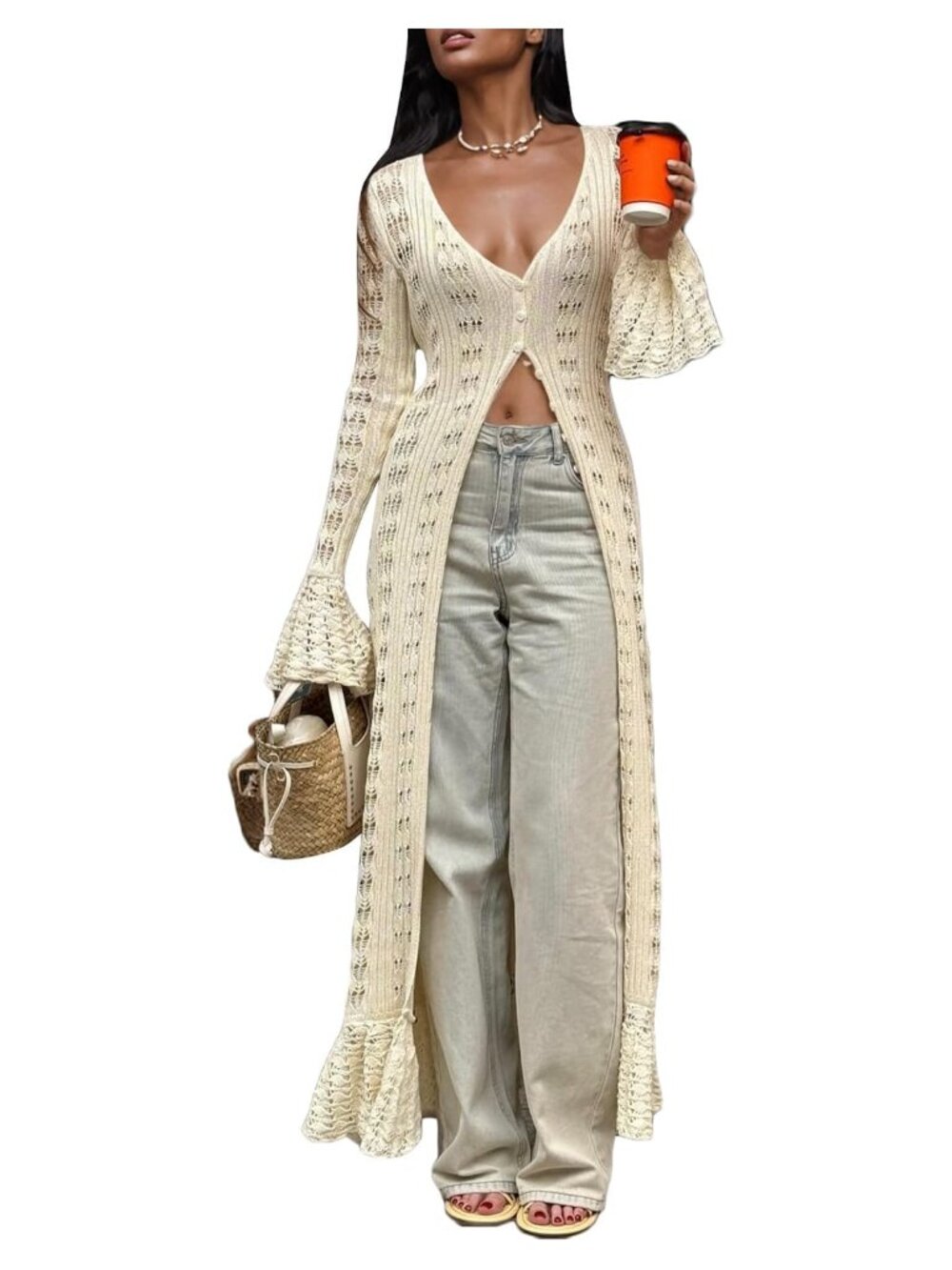 Boho Long Cardigan Crochet Knit Maxi Duster Sweater Cardigans for Women